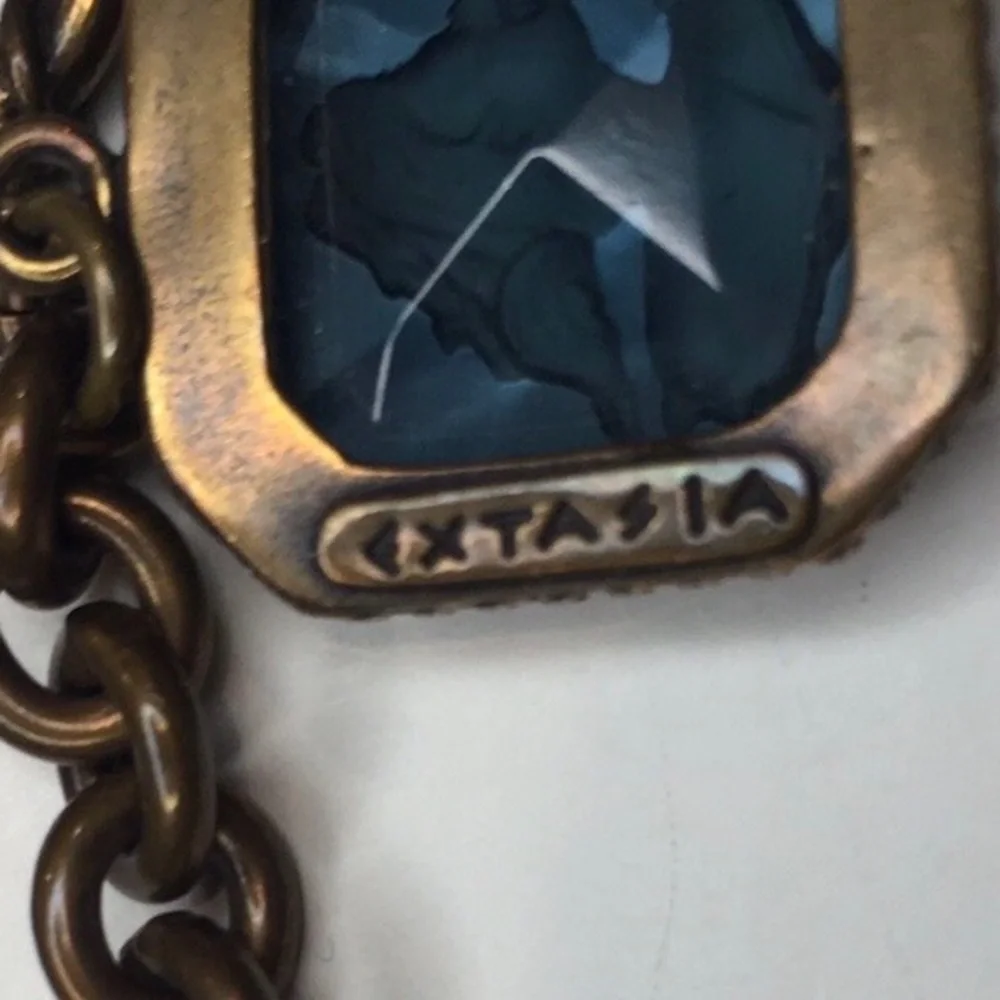 Blue & Antiqued Gold Chain Link Bracelet w/ Square Gemstone
